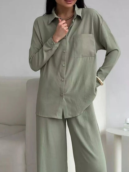 Button Down Shirt and Pants Set Army Green