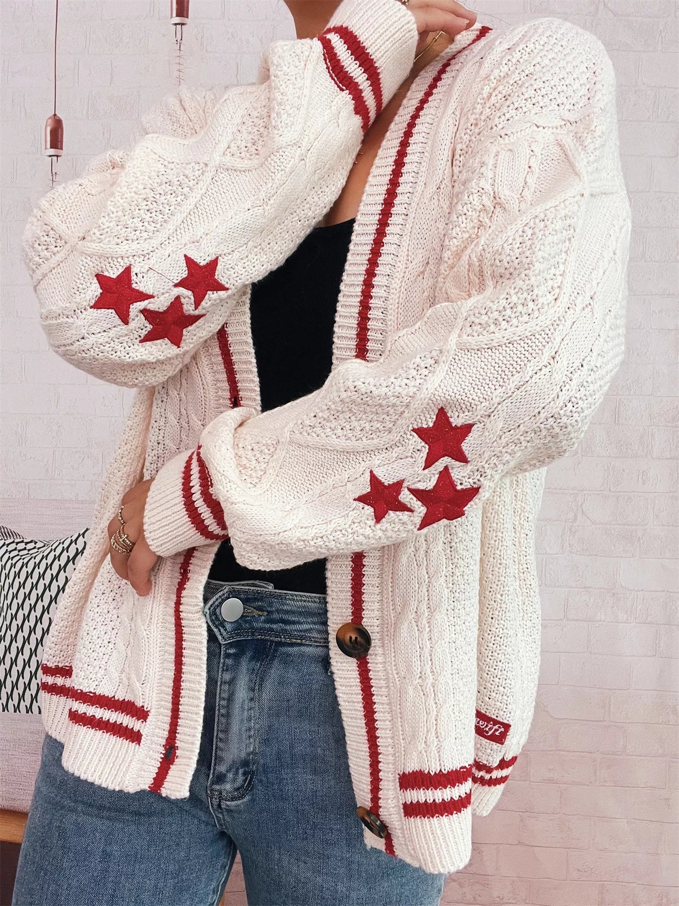 Star Pattern Button-Up Cardigan with Contrast Trim