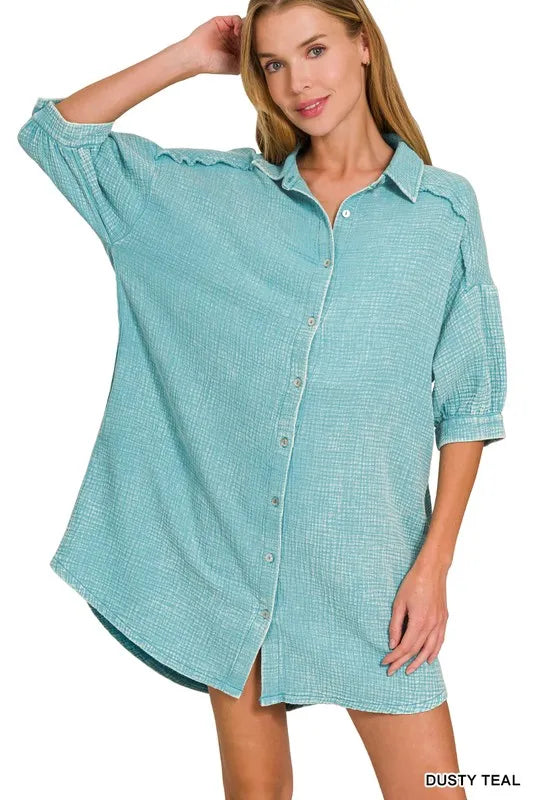 Zenana Washed Double Gauze Button Down Shirt Dress DUSTY TEAL