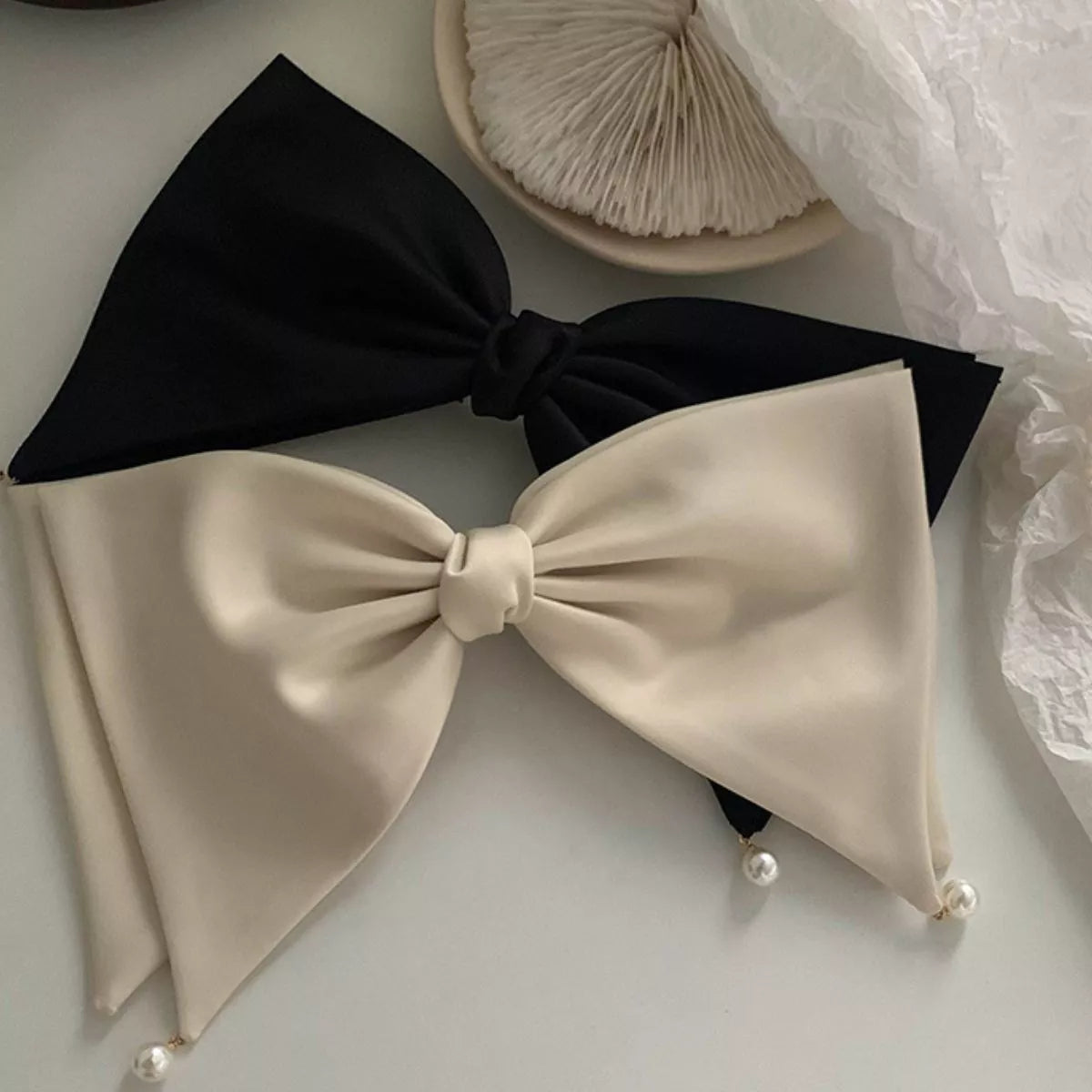 Satin Pearl Bow Hair Clip Beige One Size