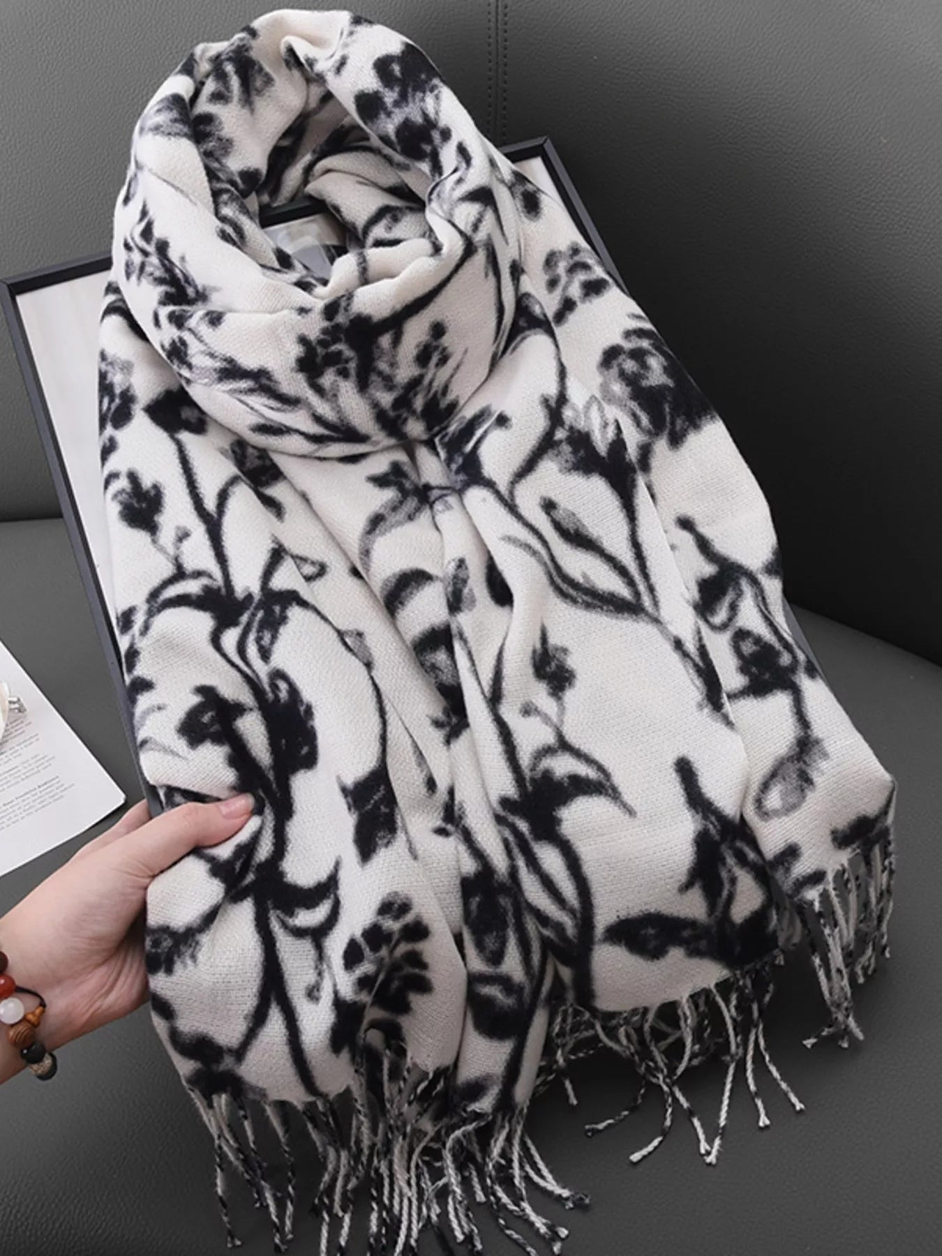 Floral Print Scarf with Fringe Detail White One Size