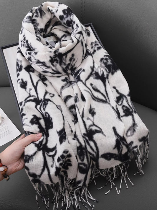 Floral Print Scarf with Fringe Detail White One Size
