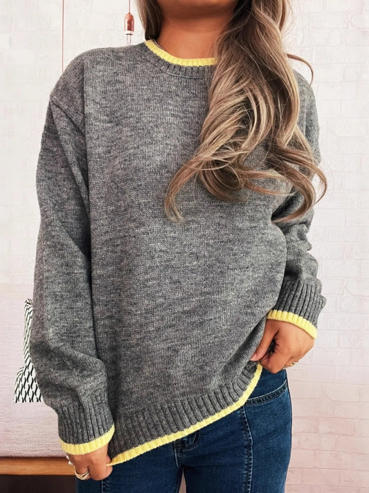 Ribbed Contrast Trim Long Sleeve Sweater Yellow One Size