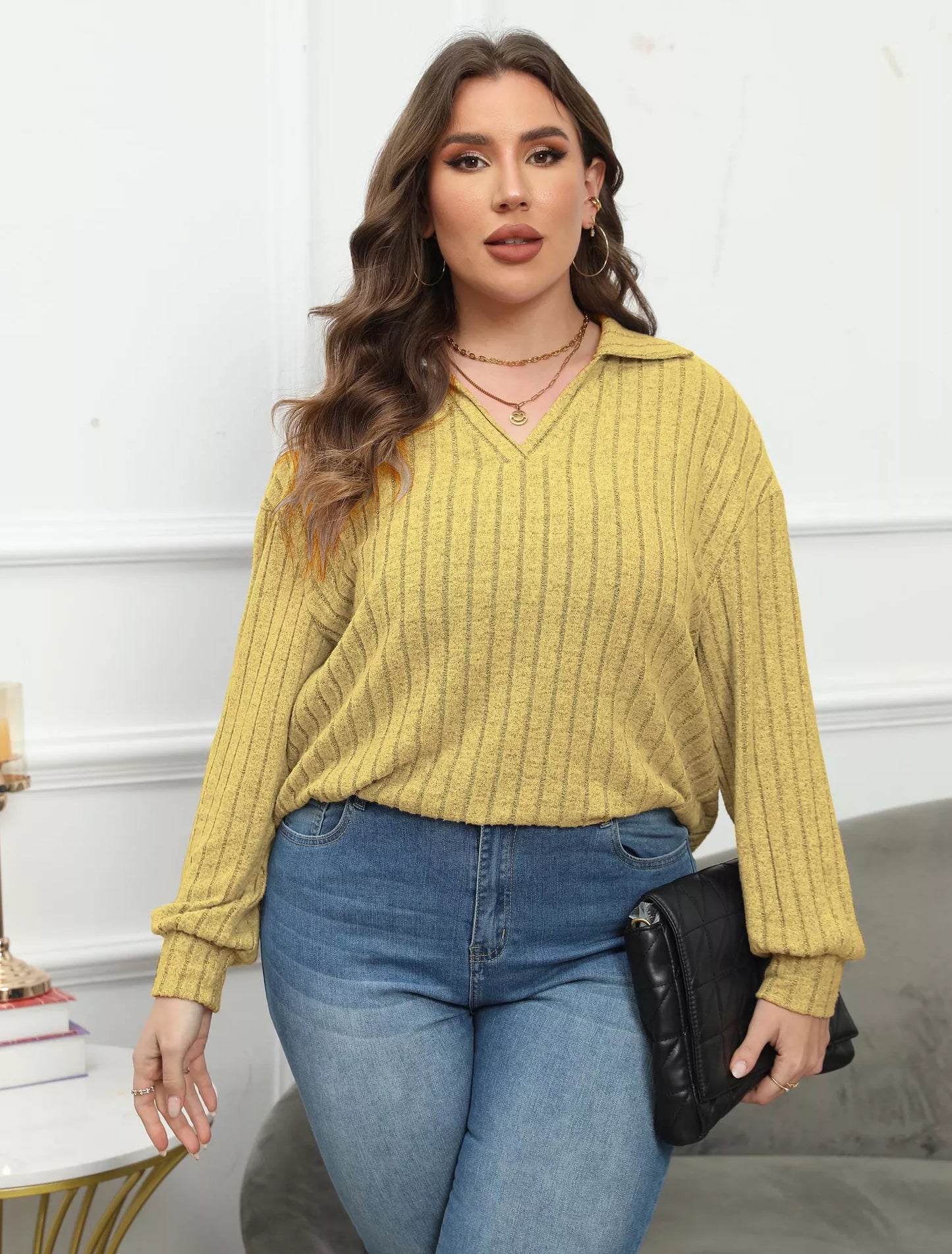 Plus Size Ribbed Knit Polo Collar T-Shirt