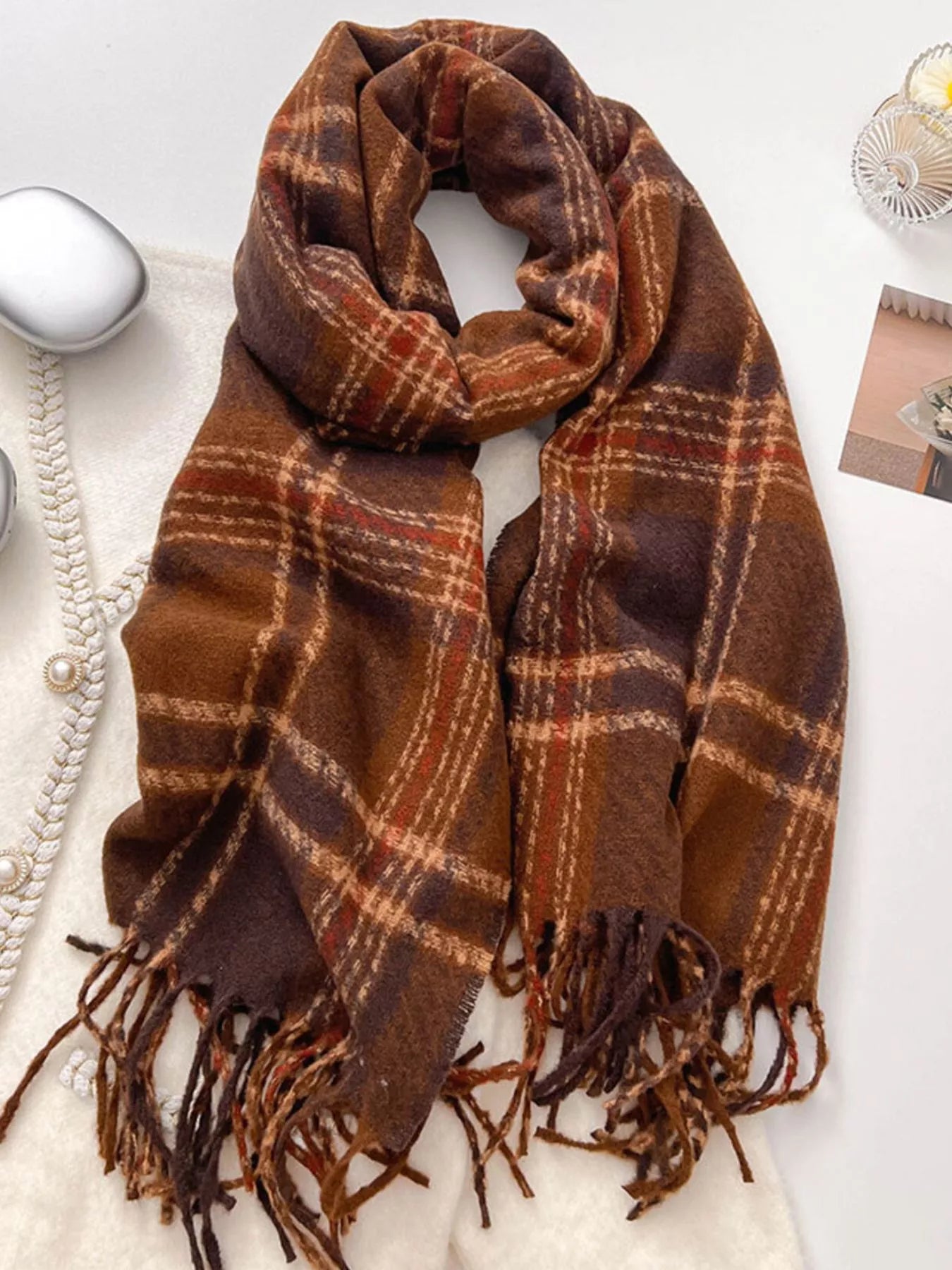 Warm Plaid Winter Scarf Brown One Size