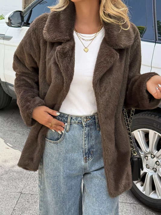 Faux Fur Button Up Outerwear Brown