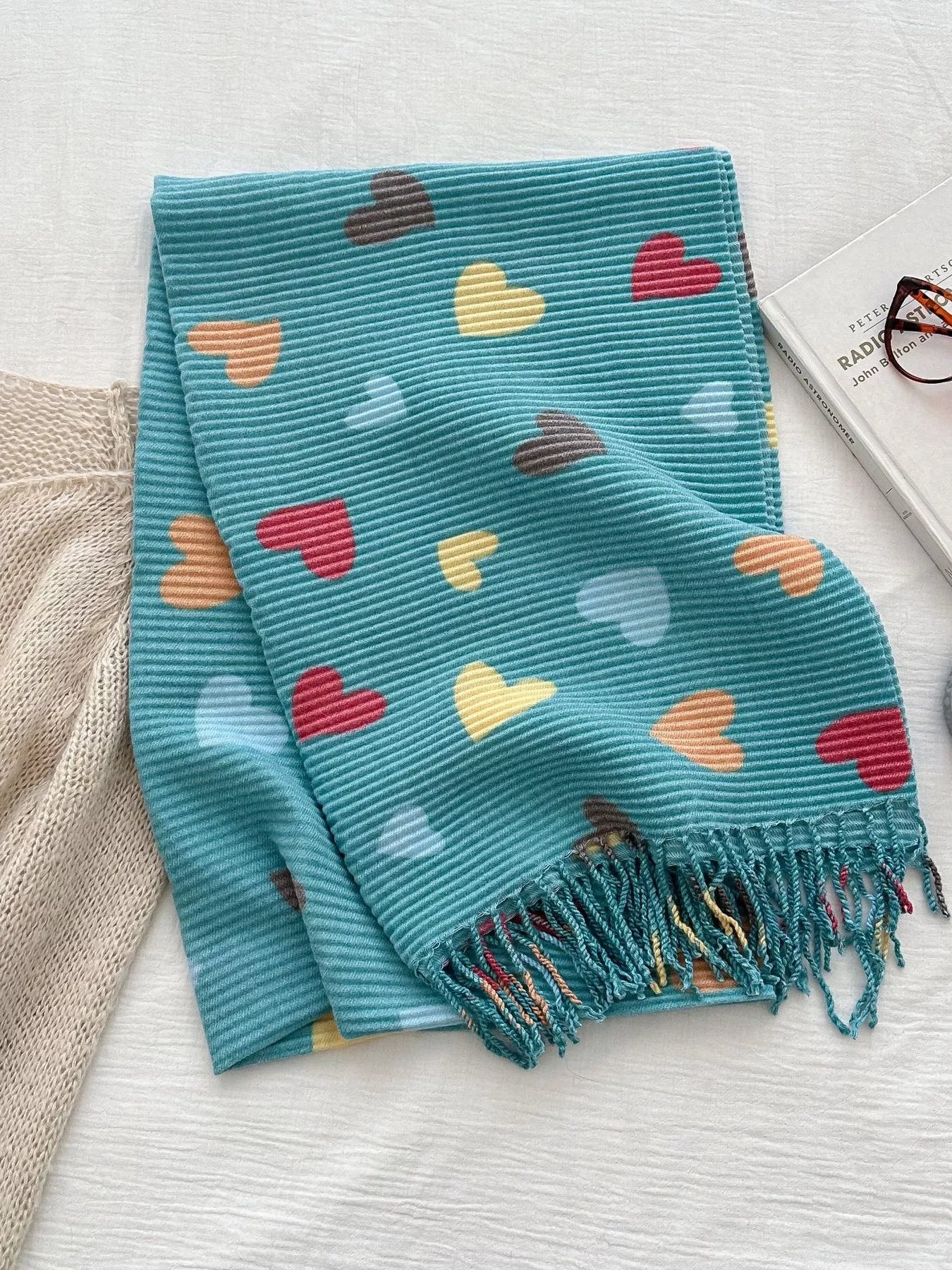 Heart Patterned Tassel Scarf Sage One Size