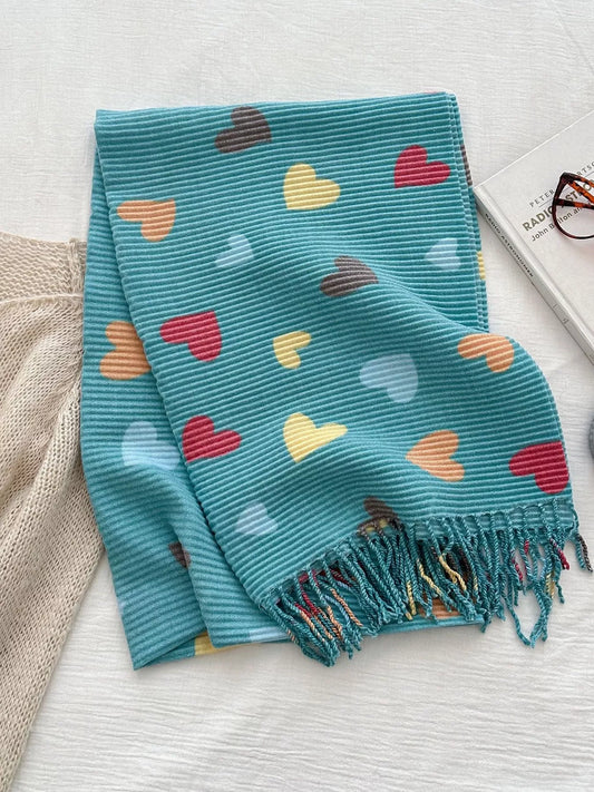 Heart Patterned Tassel Scarf Sage One Size
