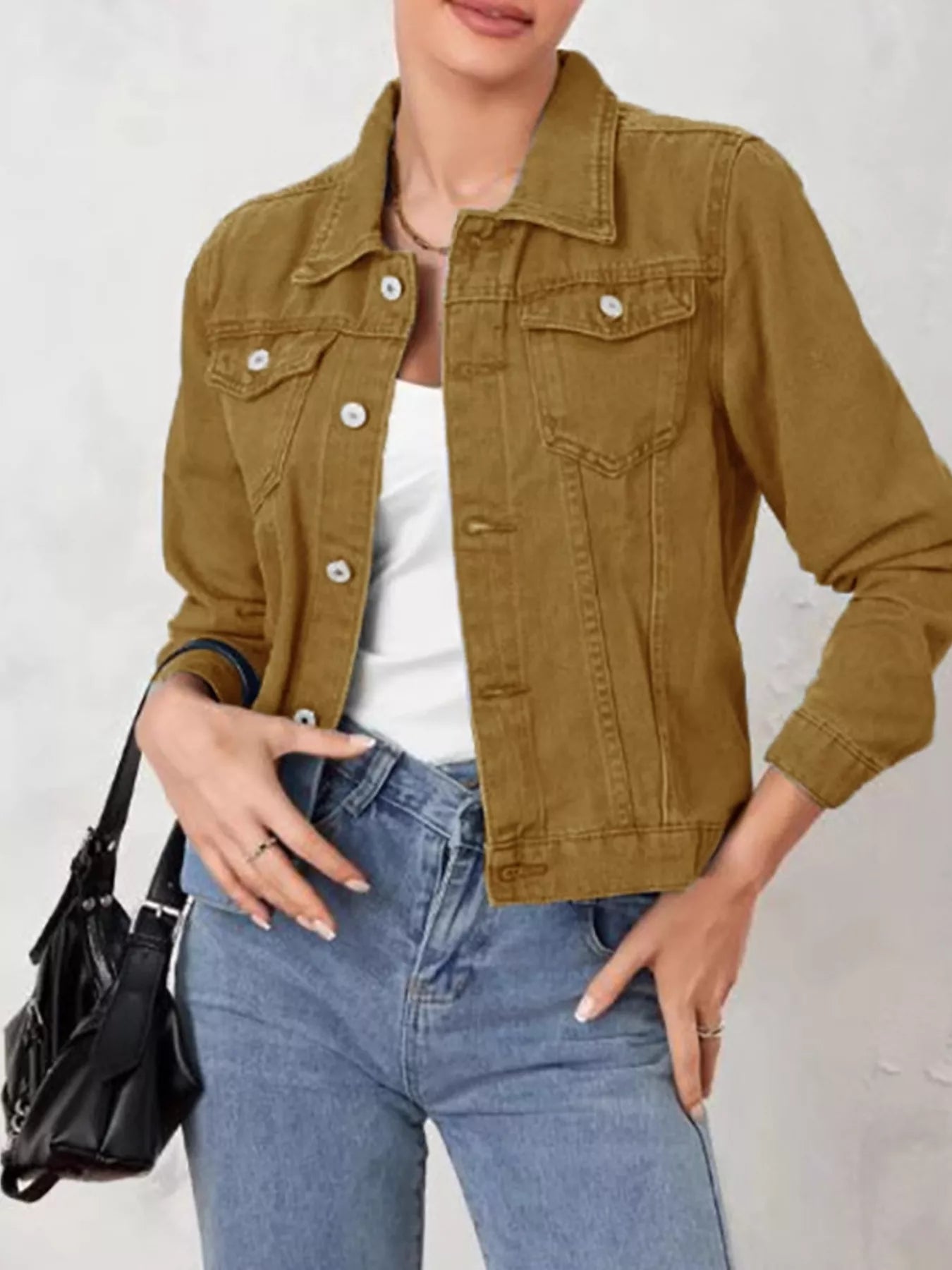 Button Up Long Sleeve Denim Jacket Camel
