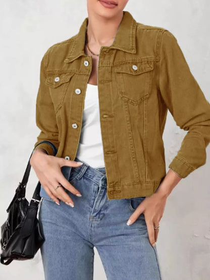 Button Up Long Sleeve Denim Jacket Camel