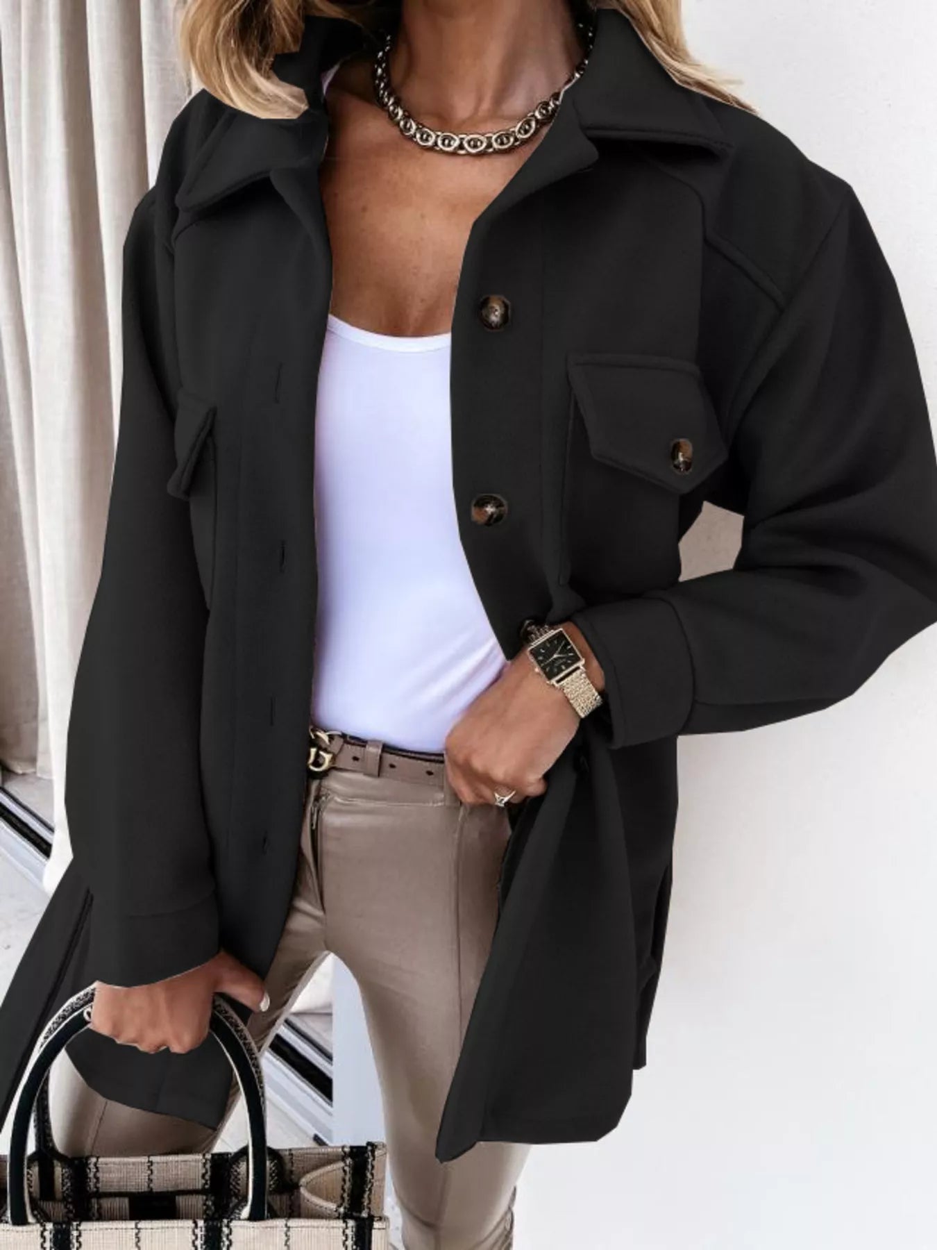 Button-Down Tie Waist Coat Black