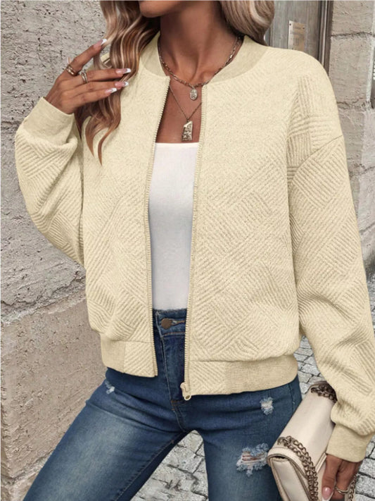 Textured Knit Zip-Up Bomber Jacket Light Yellow