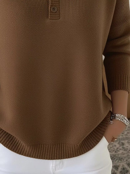 Full Size Half Button Long Sleeve Knit Top Plus Size