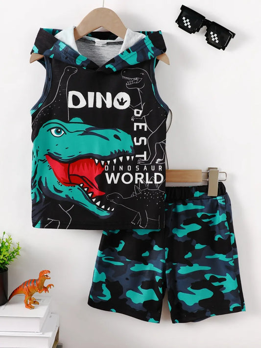 Children's Dinosaur Sleeveless Hooded Top and Pants Set Black