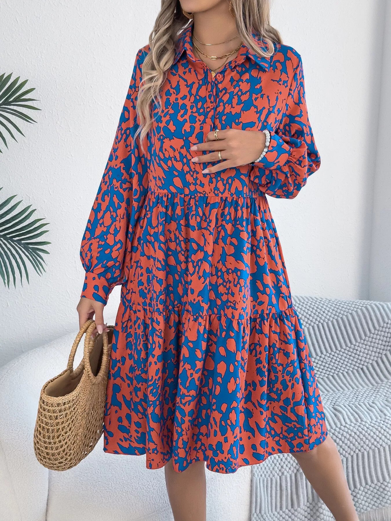Printed Collared Neck Long Sleeve Dress Red