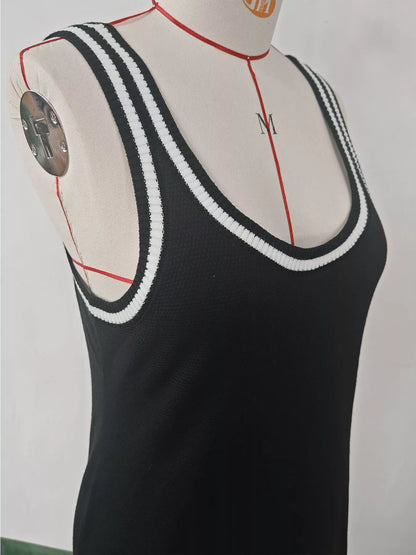 Sleeveless Ribbed Knit Sweater Dress with Contrast Trim