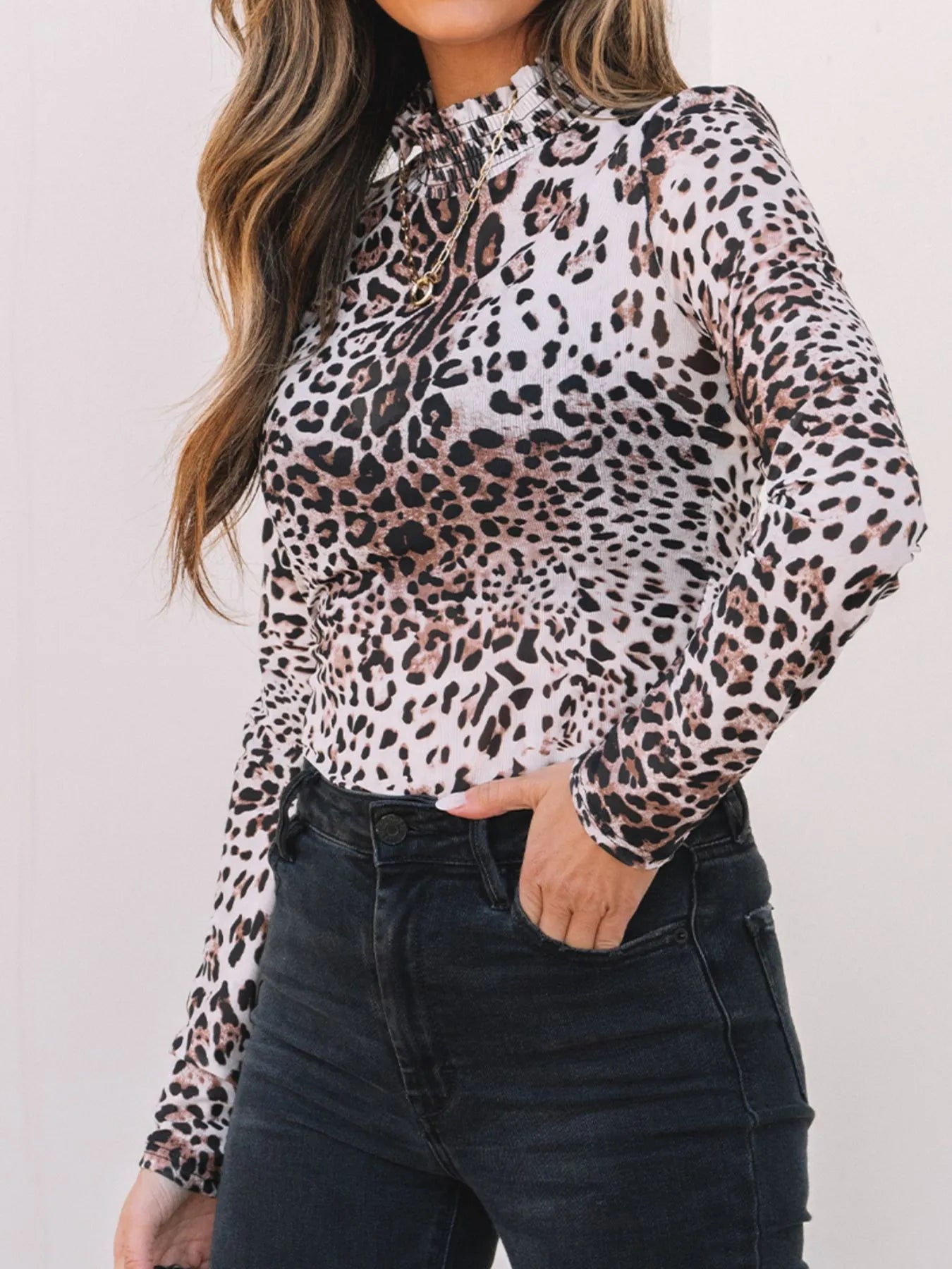 Leopard Print Long Sleeve Mock Neck Bodysuit
