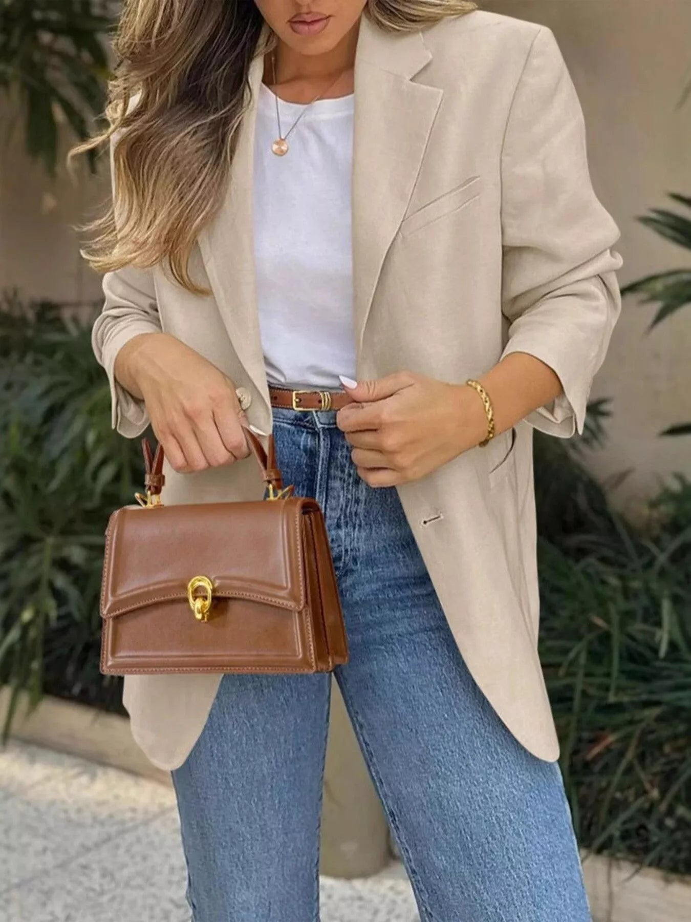 Lapel Collar Long Sleeve Blazer Ivory