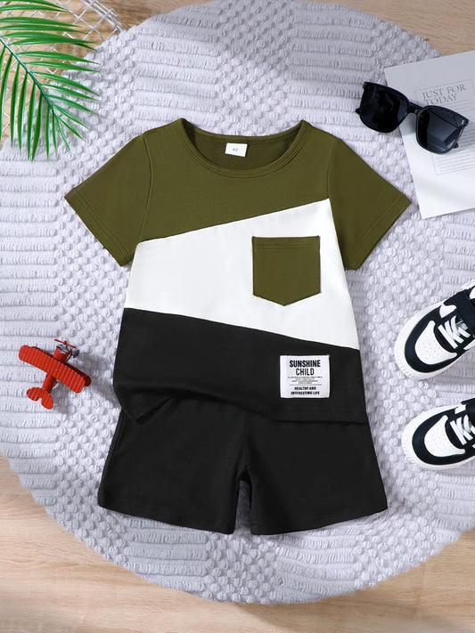 Children's Color Block Short Sleeve Top and Shorts Set Army Green