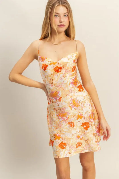 HYFVE Floral Cowl Neck Flirty Satin Mini Dress ORANGE