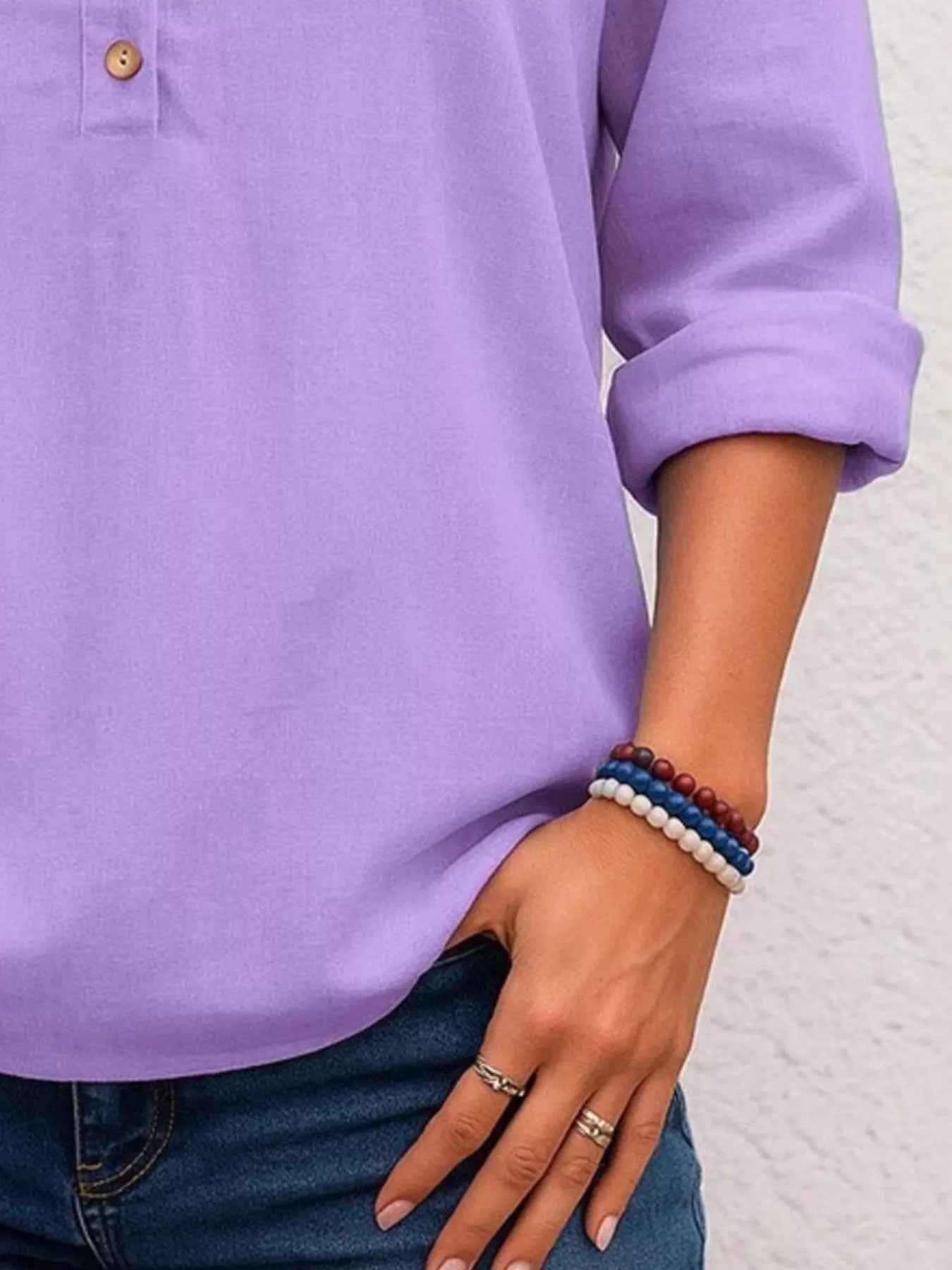 Full Size Button Detail Notched Long Sleeve Blouse Plus Size