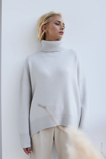 Back To School Sweater - Basic Bae Turtleneck Dropped Shoulder Long Sleeve Sweater Light Gray One Size