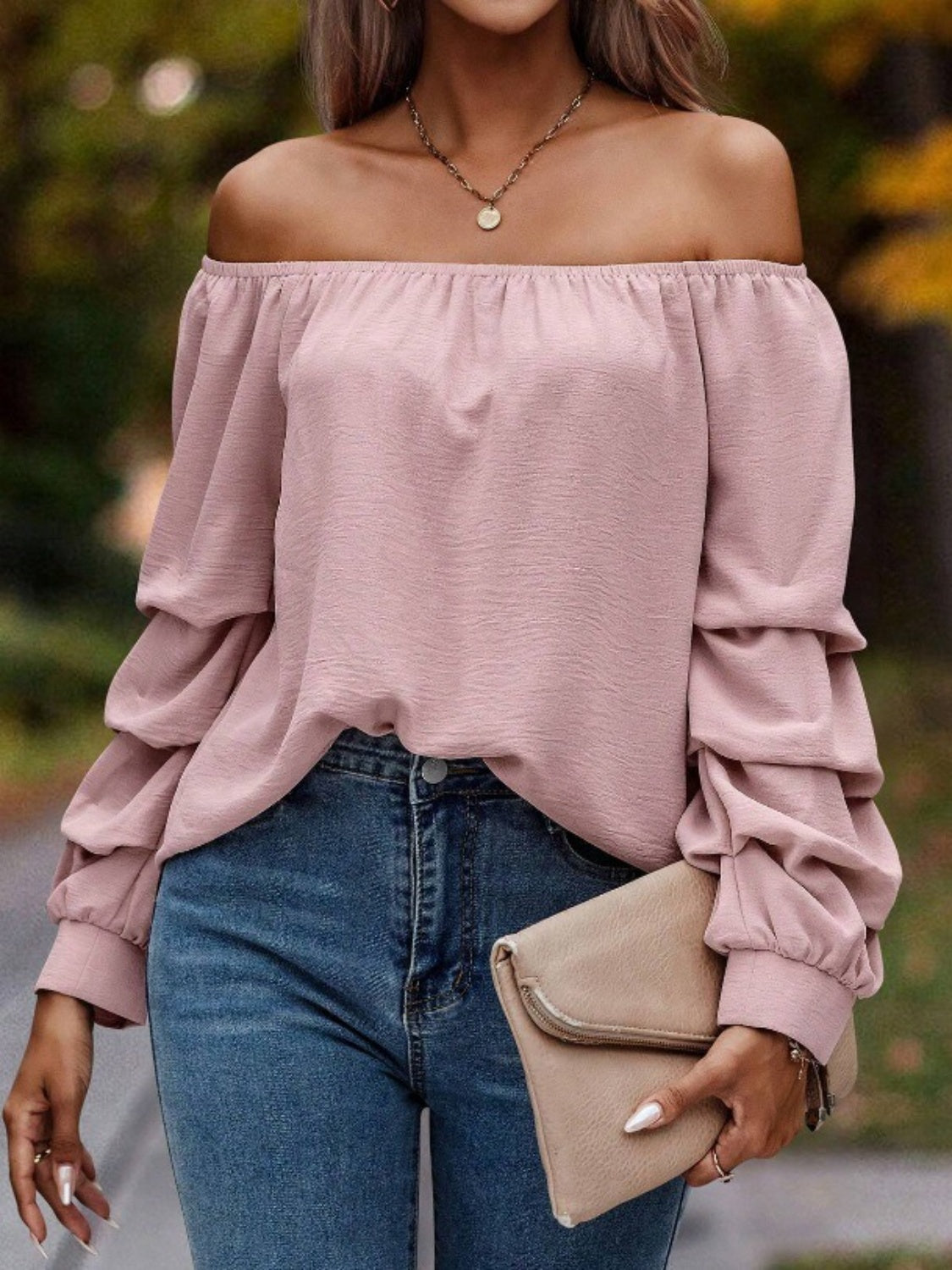 Ruched Off-Shoulder Long Sleeve Blouse Dusty Pink