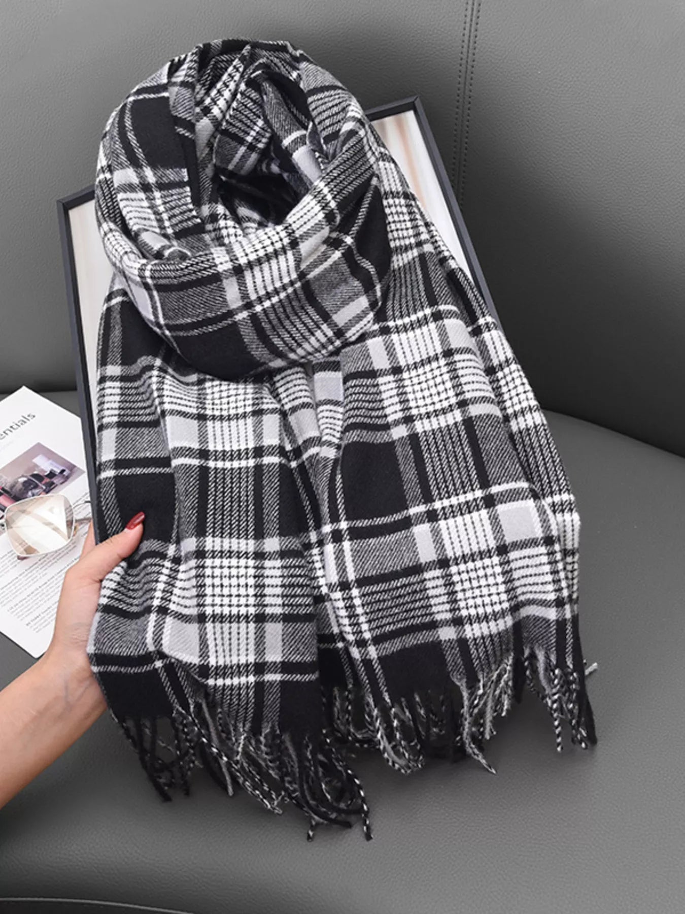 Plaid Tassel Hem Winter Scarf Black And White One Size