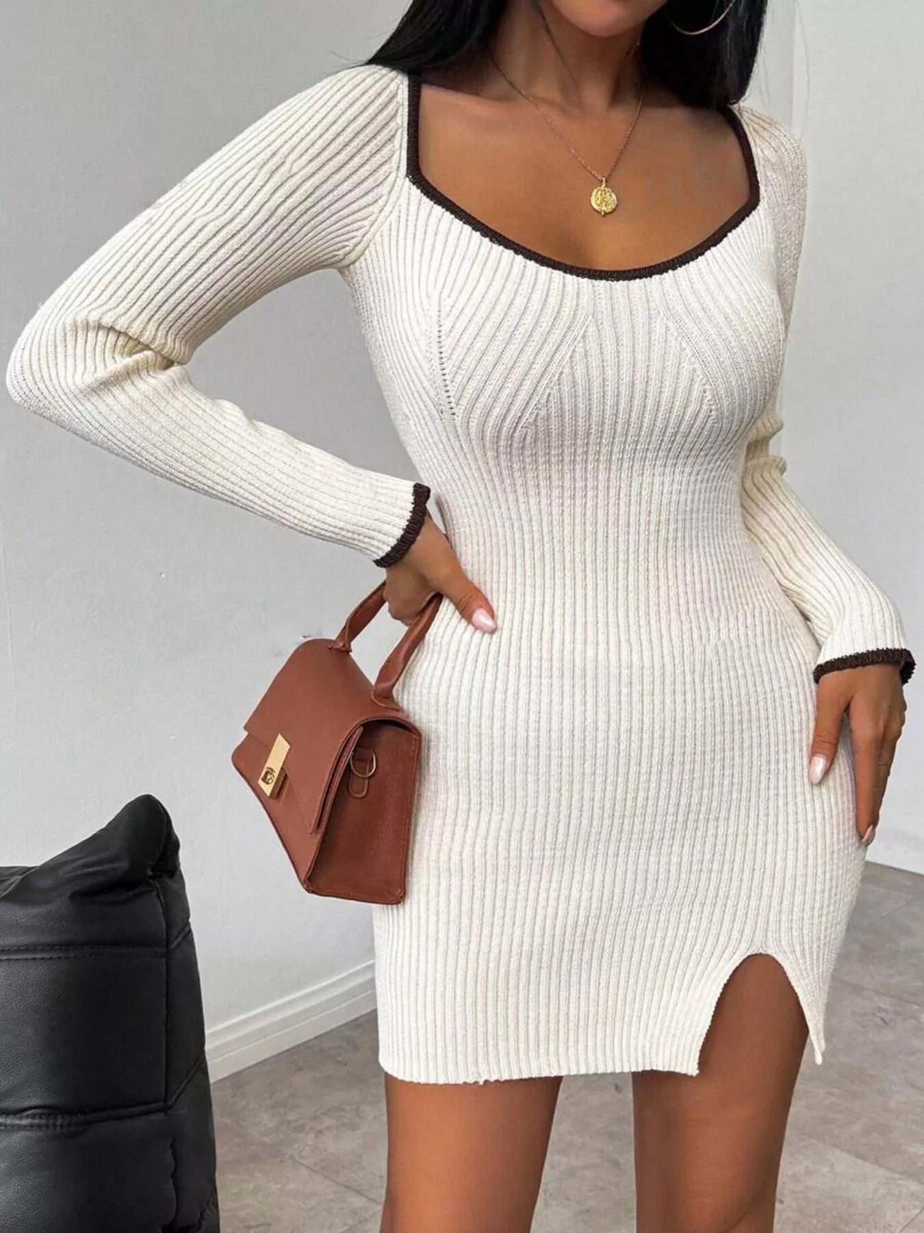 Ribbed Knit Bodycon Sweater Dress Apricot