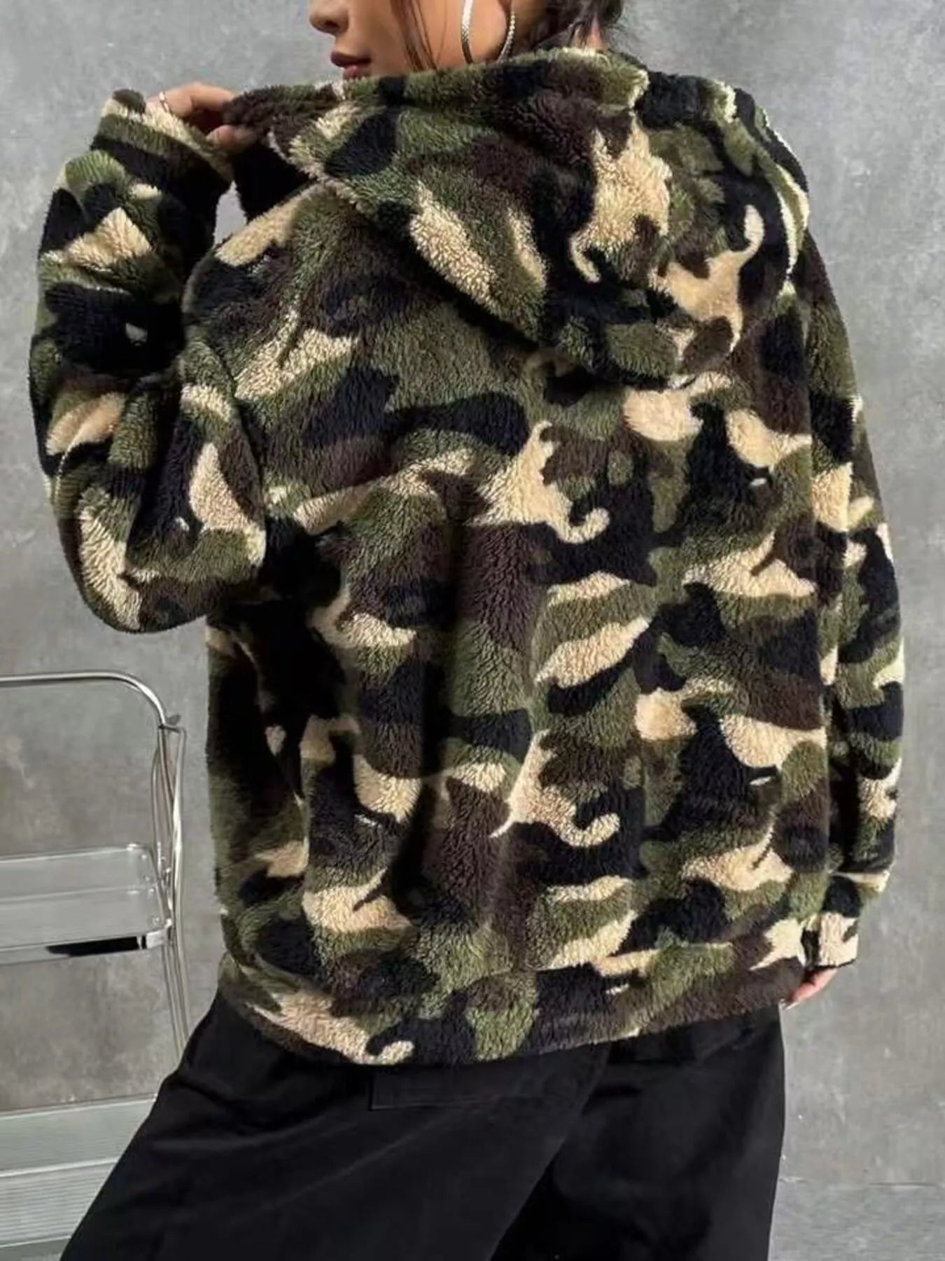 Camo Print Fuzzy Zip Up Outerwear