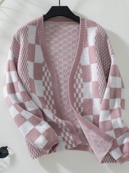 Back To School Sweater - Double Take Checkered Open Front Dropped Shoulder Cardigan Dusty Pink