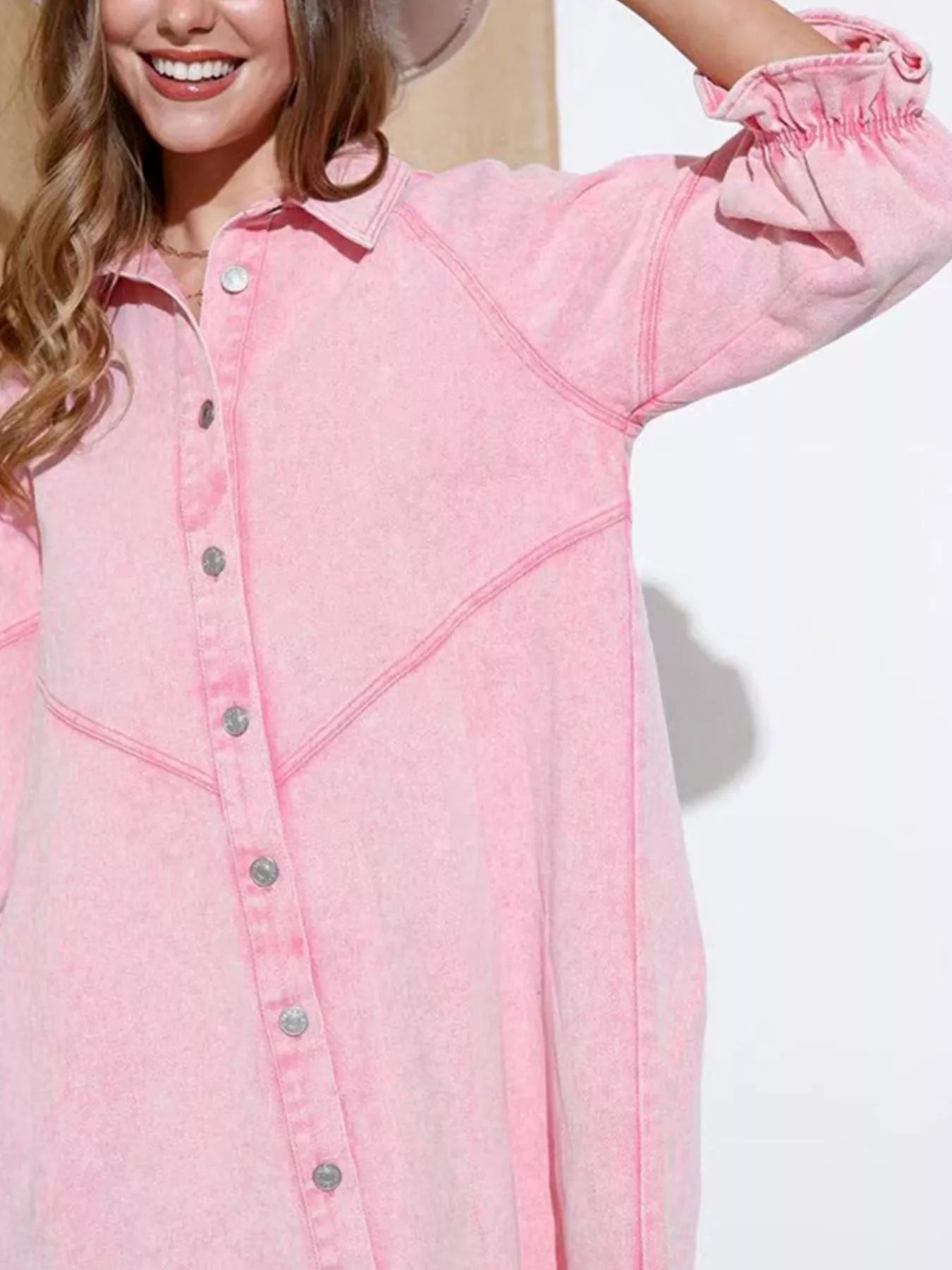 Ruffled Cuff Button-Down Denim Dress