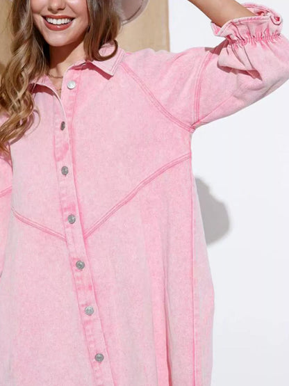 Ruffled Cuff Button-Down Denim Dress