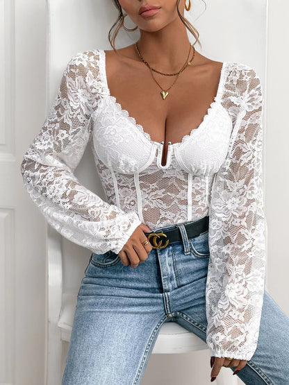 Lace V-Neck Long Sleeve Bodysuit