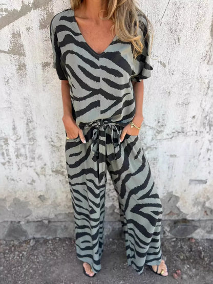 Zebra Print V-Neck Top and Pants Set Olive Green