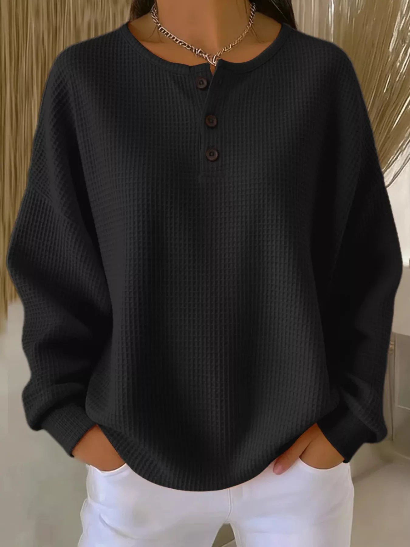 Full Size Waffle Knit Button Detail Top Plus Size Black
