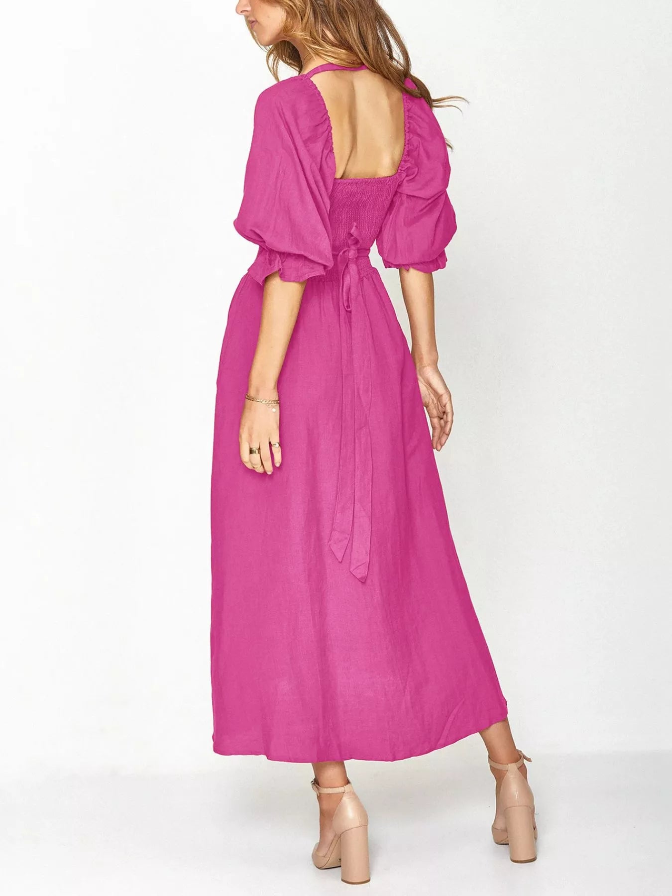 Smocked Puff Sleeves Midi Dress