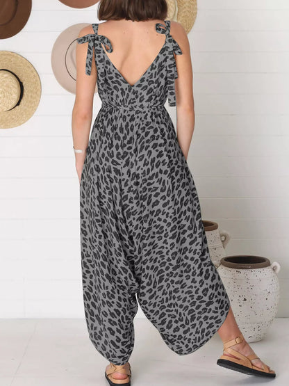 Full Size Leopard Print V-Neck Wide Leg Jumpsuit Plus Size