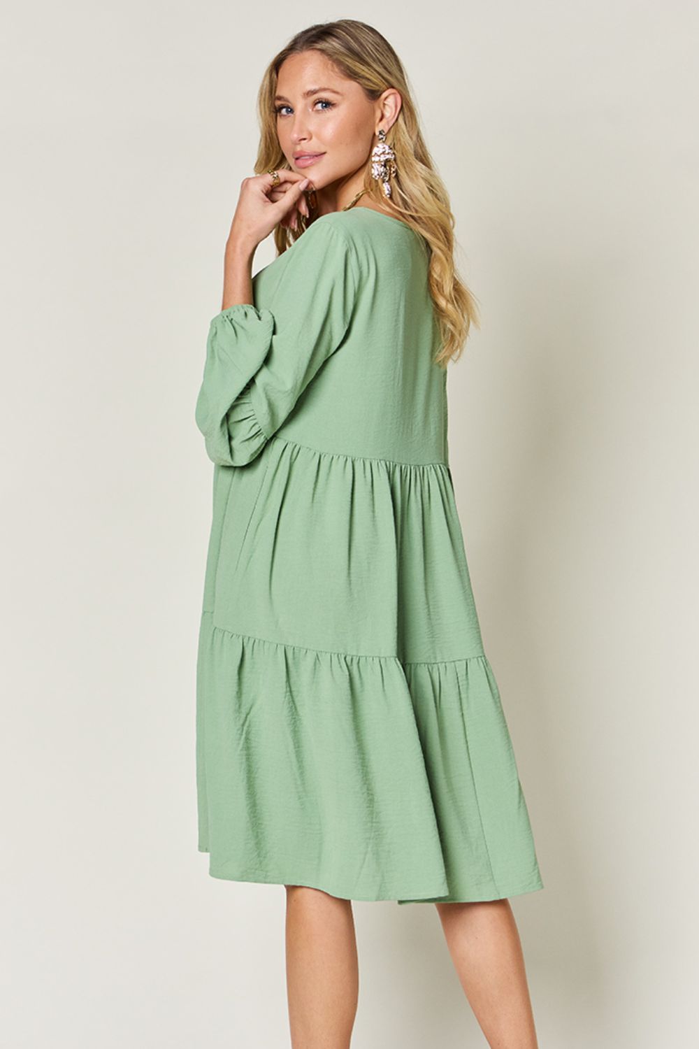 V-Neck Balloon Sleeve Tiered Boho Midi Dress