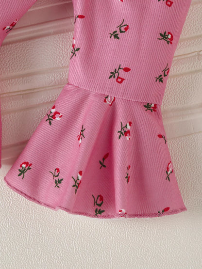 Children's Ruffled Bodysuit and Floral Pants Outfit Set with Headband