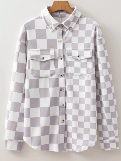 Checkerboard Flap Pocket Button Front Shacket