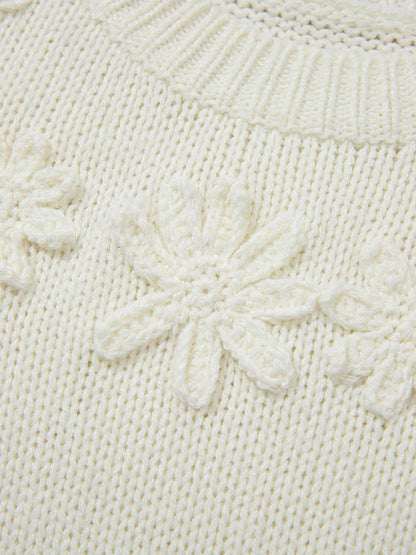 Flower Detail Round Neck Contrast Textured Puff Sleeve Sweater