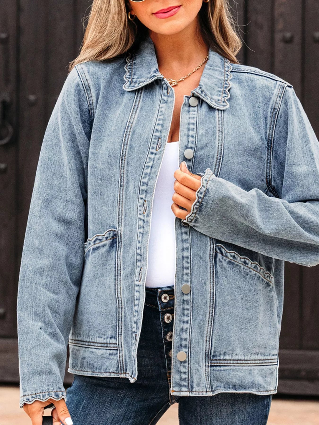 Scallop Trim Collar Patched Pocket Button Up Denim Jacket Light Blue
