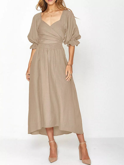 Smocked Puff Sleeves Midi Dress Khaki