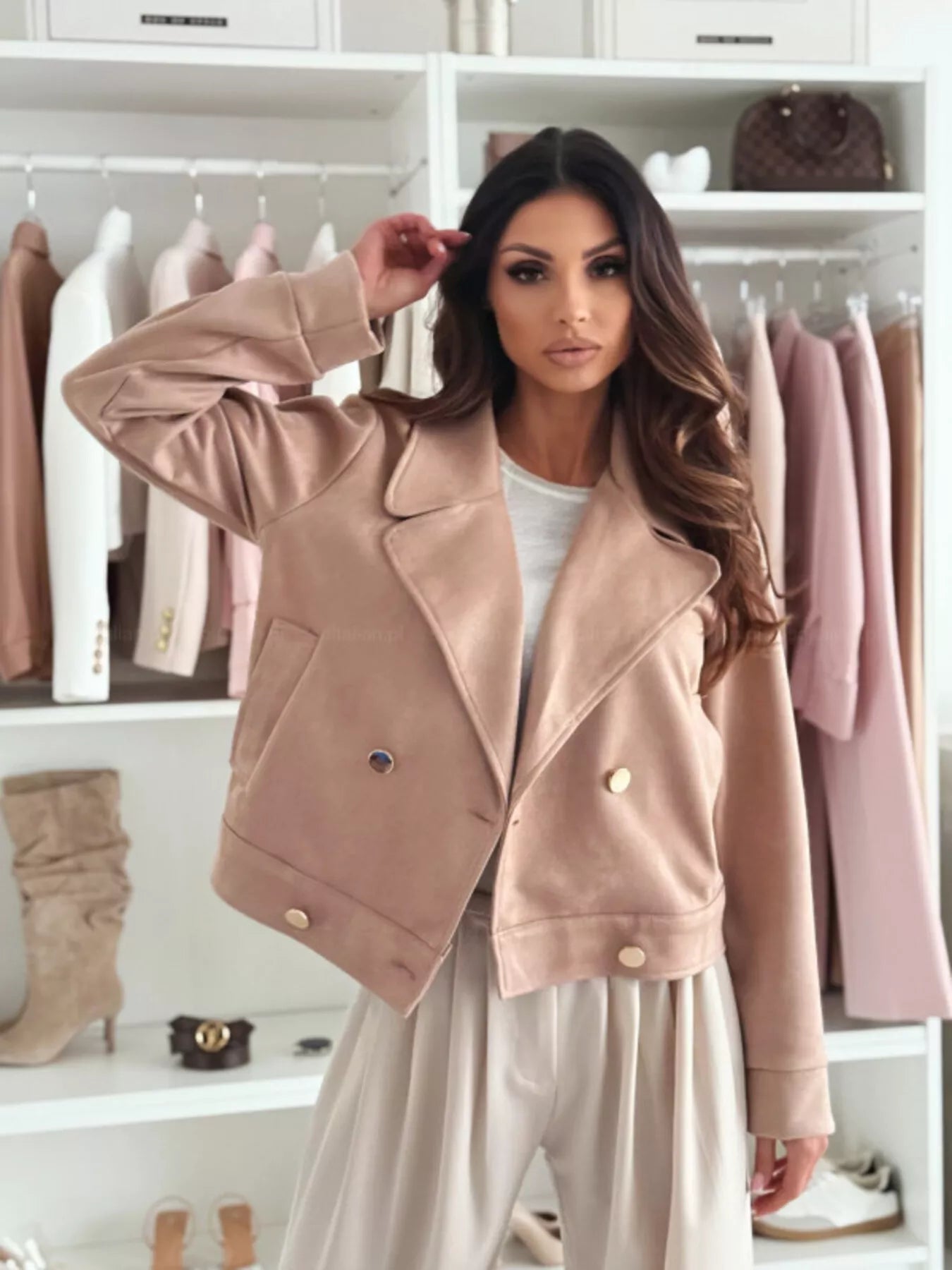 Double-Breasted Lapel Collar Jacket Khaki