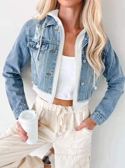 Distressed Zip Up Cropped Hooded Denim Jacket Dark Blue White