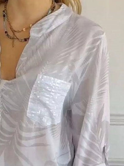 Full Size Printed Button Detail Long Sleeve Blouse Plus Size