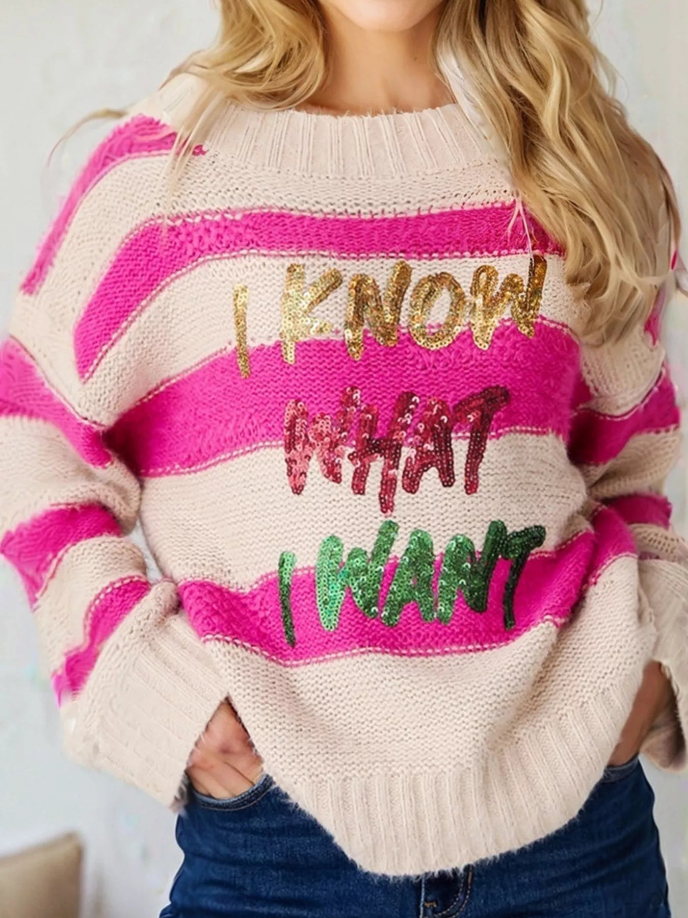 Sequin Letter Graphic Colorblock Loose Sweater Fuchsia Pink