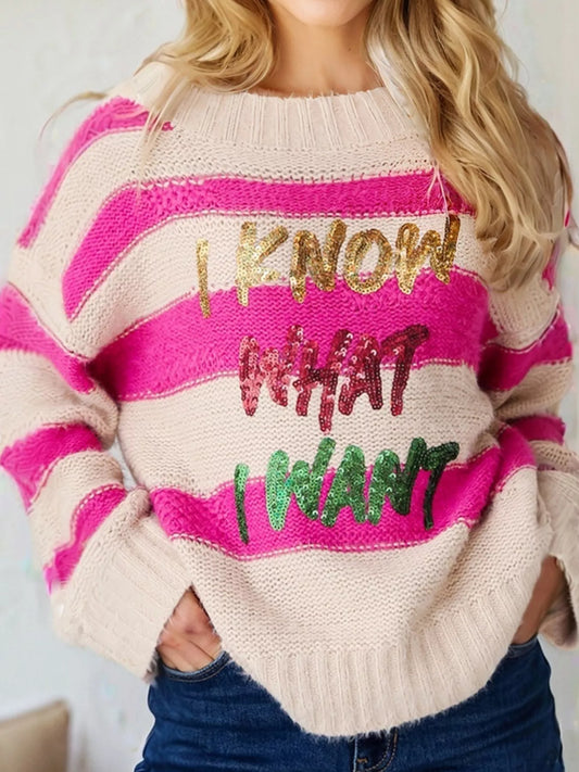Sequin Letter Graphic Colorblock Loose Sweater Fuchsia Pink