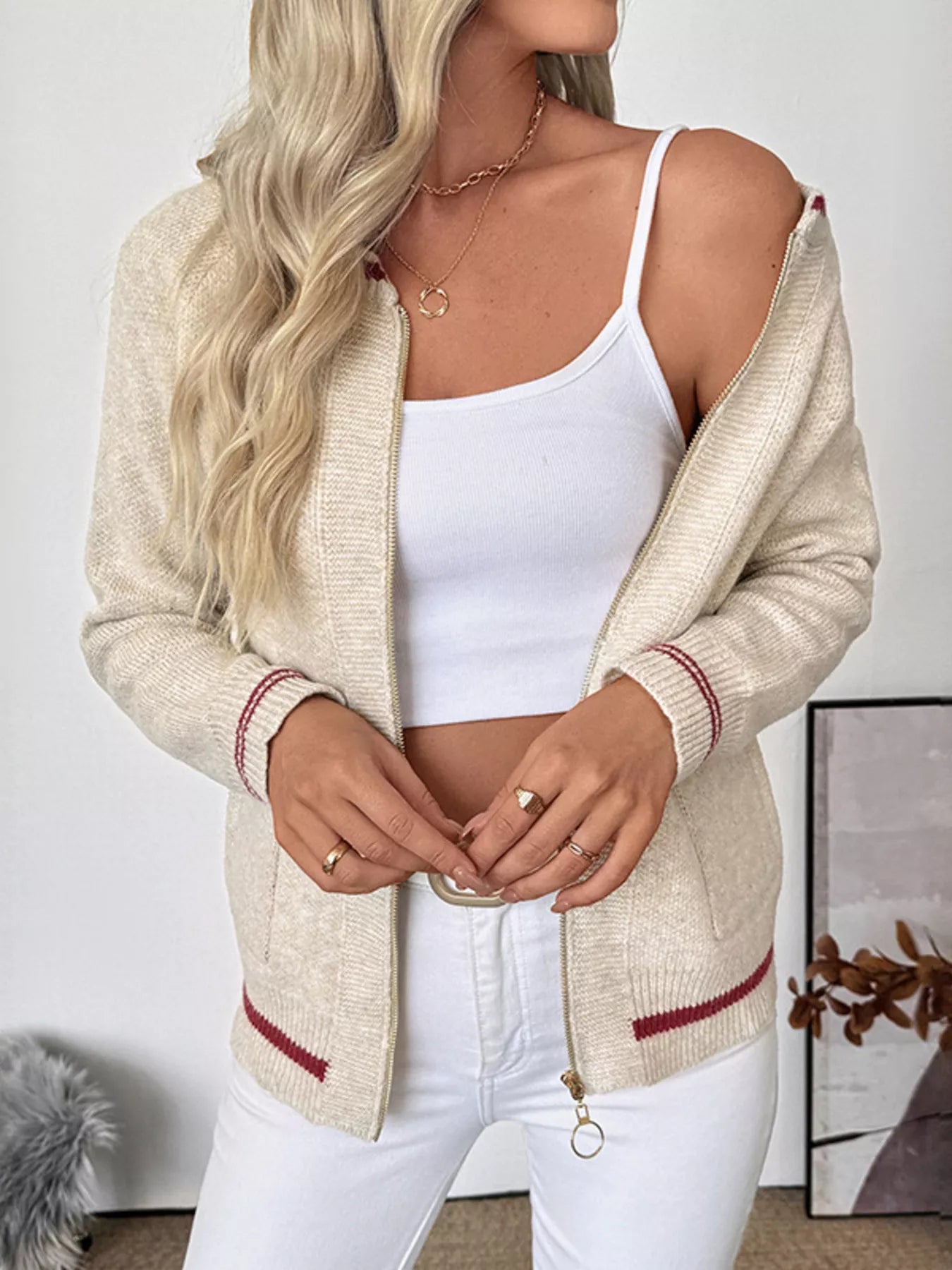 Zip-Up Contrast Trim Cardigan